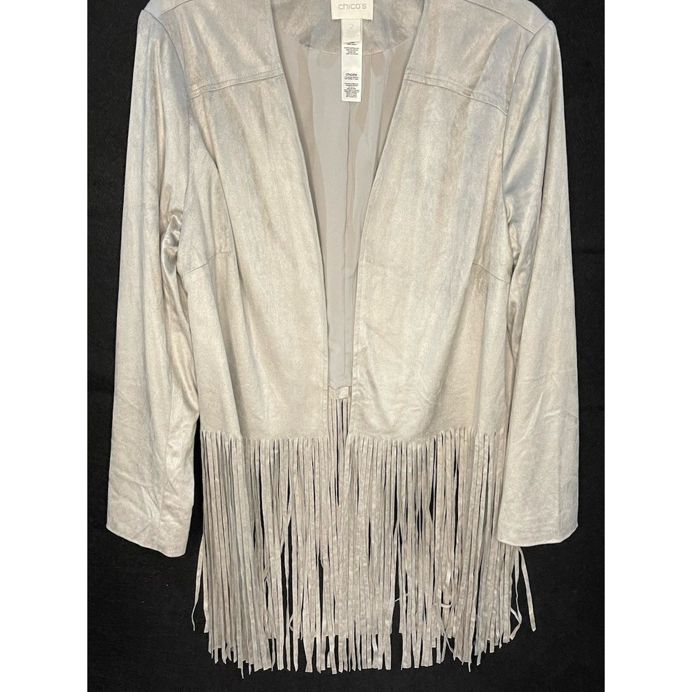 Chicos 2 Faux Suede Fringed Jacket Gray Boho Hippie  Quiet Luxury Western Festiv - Picture 2 of 9